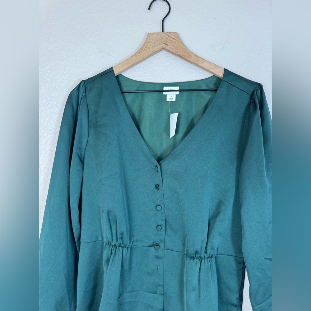 J Crew Green Long Sleeve Peplum Button Front Satin Crepe Blouse Top size 12 - Picture 6 of 8